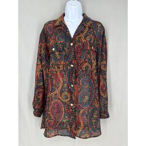 90s Vintage Top Womens Medium Black Paisley Red Colorful Oversized Tunic Boho